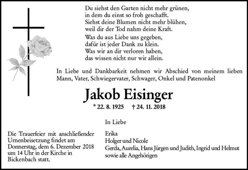  Traueranzeige für Jakob Eisinger vom 01.12.2018 aus vrm-trauer
