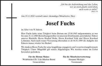 Traueranzeige von Josef Fuchs von vrm-trauer