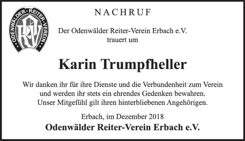  Traueranzeige für Karin Trumpfheller vom 15.12.2018 aus vrm-trauer