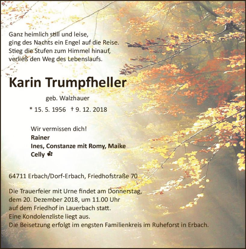  Traueranzeige für Karin Trumpfheller vom 15.12.2018 aus vrm-trauer