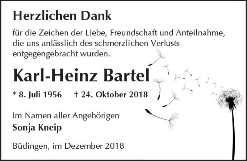  Traueranzeige für Karl-Heinz Bartel vom 15.12.2018 aus  Kreisanzeiger