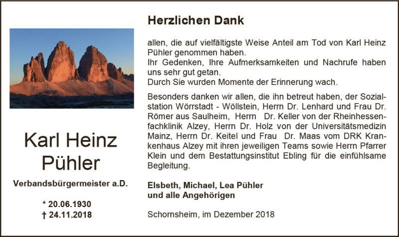  Traueranzeige für Karl Heinz Pühler vom 19.12.2018 aus vrm-trauer