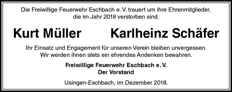  Traueranzeige für Karlheinz Schäfer vom 15.12.2018 aus  Usinger Anzeiger