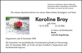 Traueranzeige von Karoline Broy von vrm-trauer