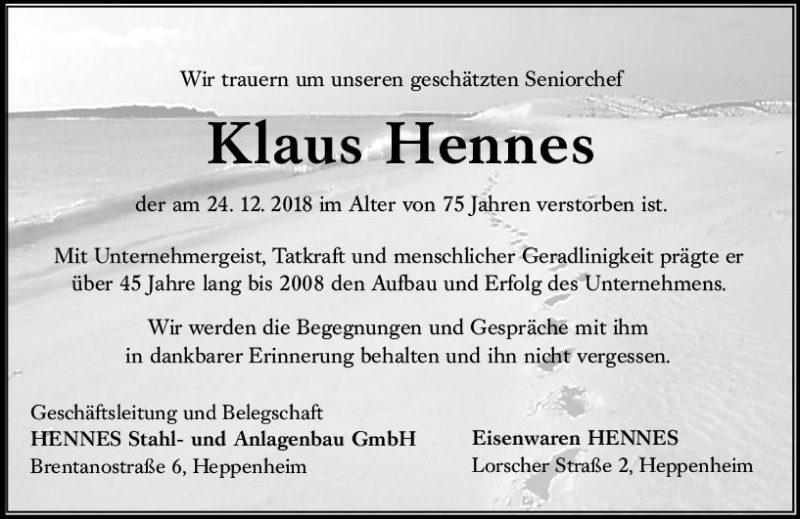  Traueranzeige für Klaus Hennes vom 28.12.2018 aus vrm-trauer