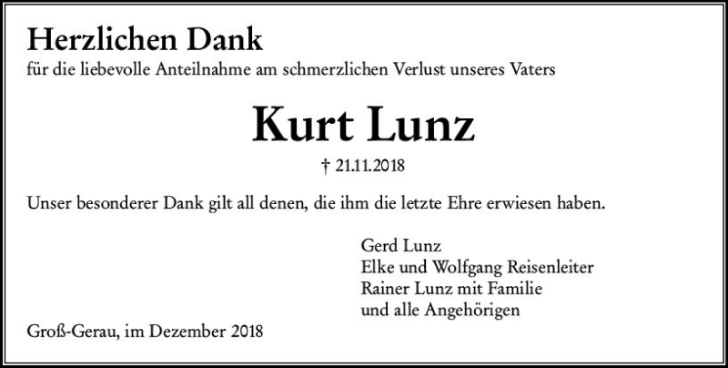  Traueranzeige für Kurt Lunz vom 15.12.2018 aus vrm-trauer