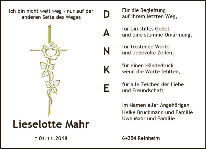  Traueranzeige für Lieselotte Mahr vom 01.12.2018 aus vrm-trauer