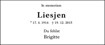 Traueranzeige von Liesjen  von vrm-trauer