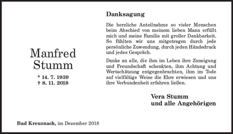  Traueranzeige für Manfred Stumm vom 13.12.2018 aus vrm-trauer