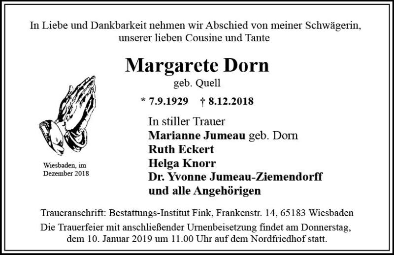  Traueranzeige für Margarete Dorn vom 15.12.2018 aus vrm-trauer