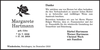 Traueranzeige von Margarete Hartmann von vrm-trauer