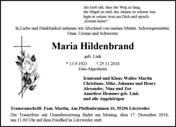 Traueranzeige von Maria Hildenbrand von vrm-trauer