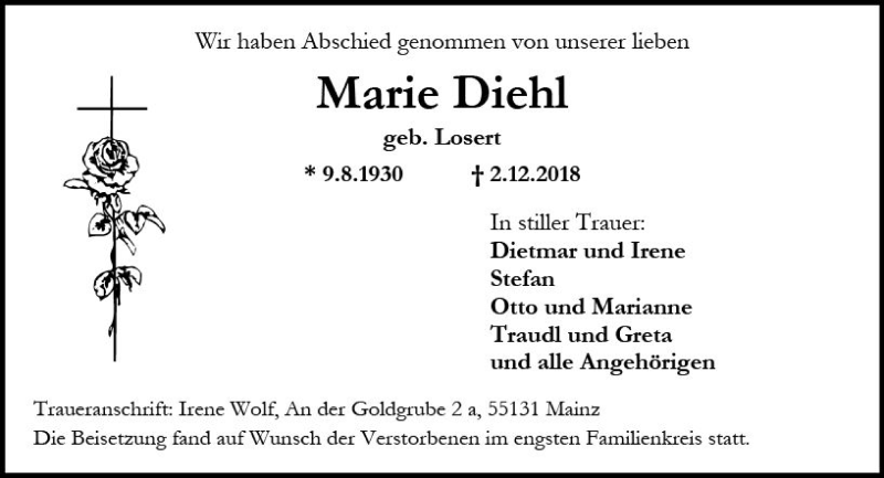  Traueranzeige für Marie Diehl vom 15.12.2018 aus vrm-trauer