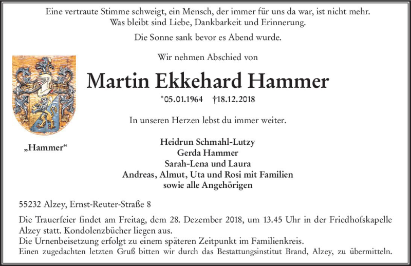  Traueranzeige für Martin Ekkehard Hammer vom 22.12.2018 aus vrm-trauer