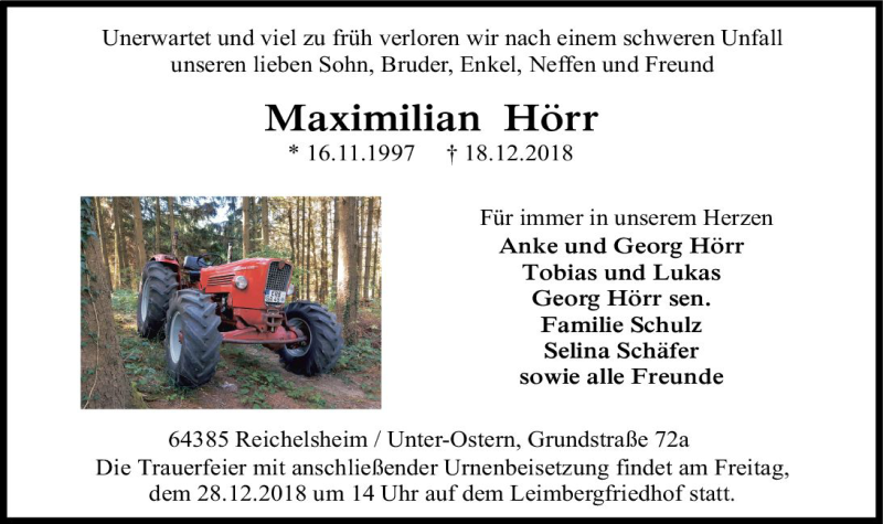  Traueranzeige für Maximilian Hörr vom 24.12.2018 aus vrm-trauer