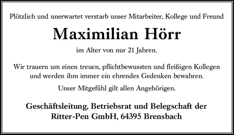  Traueranzeige für Maximilian Hörr vom 22.12.2018 aus vrm-trauer