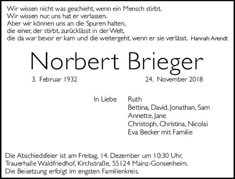  Traueranzeige für Norbert Brieger vom 08.12.2018 aus vrm-trauer