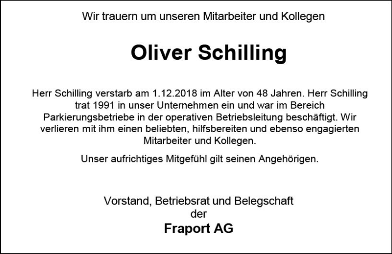  Traueranzeige für Oliver Schilling vom 15.12.2018 aus vrm-trauer