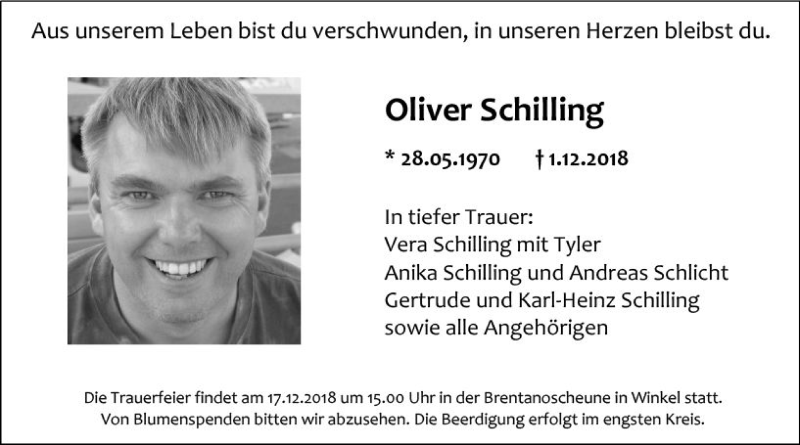  Traueranzeige für Oliver Schilling vom 14.12.2018 aus vrm-trauer