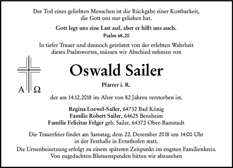  Traueranzeige für Oswald Sailer vom 20.12.2018 aus vrm-trauer