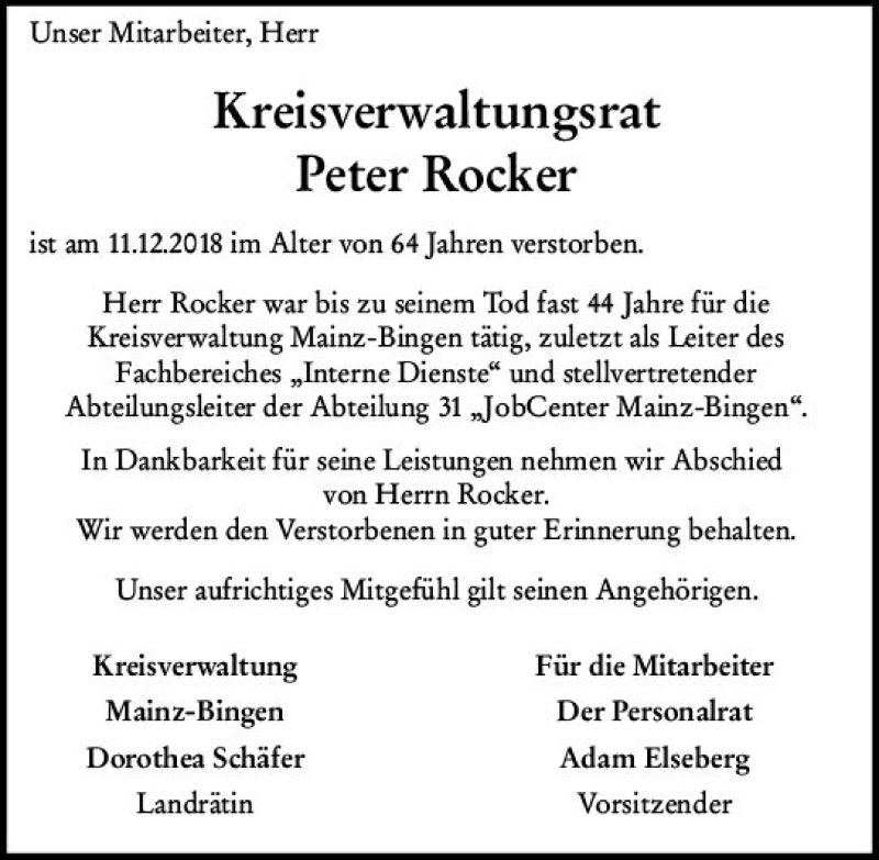  Traueranzeige für Peter Rocker vom 15.12.2018 aus vrm-trauer