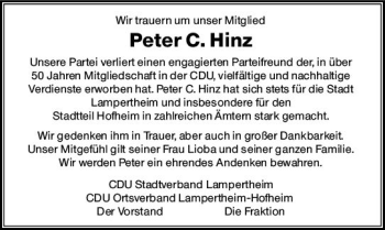 Traueranzeige von Peter C. Hinz von vrm-trauer