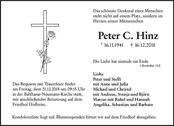 Traueranzeige von Peter C. Hinz von vrm-trauer