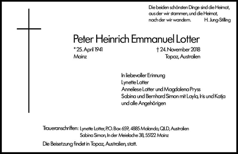  Traueranzeige für Peter Heinrich Emmanuel Lotter vom 01.12.2018 aus vrm-trauer