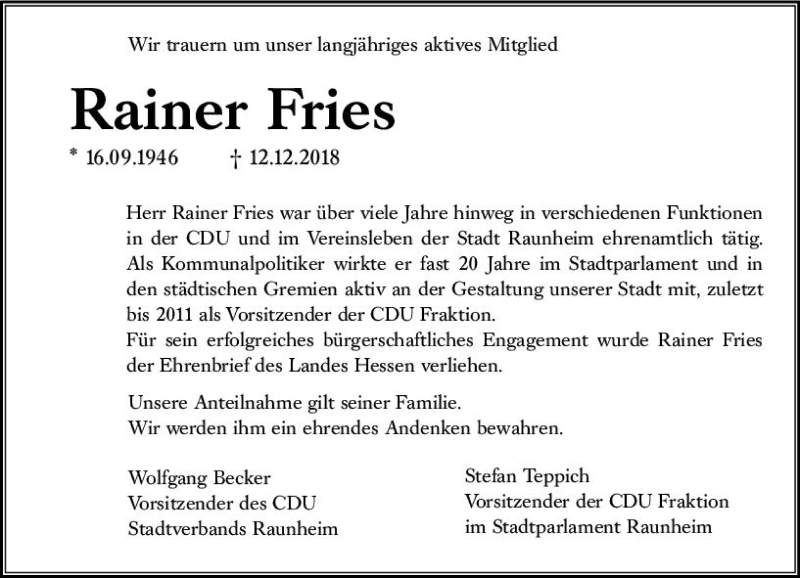  Traueranzeige für Rainer Fries vom 15.12.2018 aus vrm-trauer
