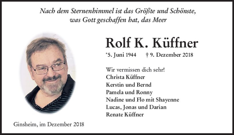  Traueranzeige für Rolf  Küffner vom 22.12.2018 aus vrm-trauer