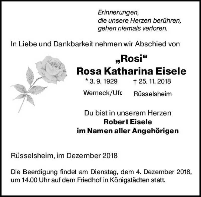  Traueranzeige für Rosa Katharina Eisele vom 01.12.2018 aus vrm-trauer