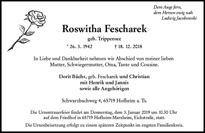  Traueranzeige für Roswitha Fescharek vom 21.12.2018 aus vrm-trauer