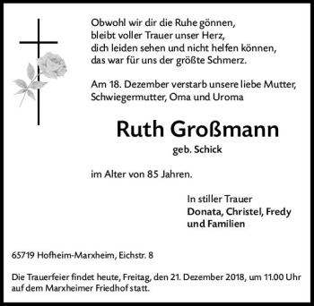 Traueranzeige von Ruth Großmann von vrm-trauer