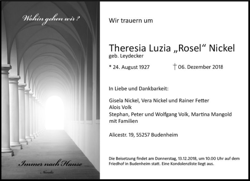  Traueranzeige für Theresia Luzia Rosel Nickel vom 11.12.2018 aus vrm-trauer