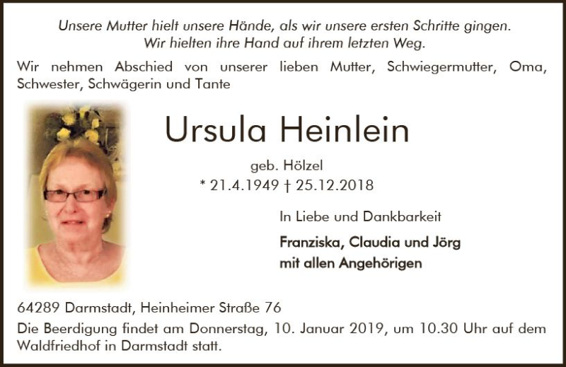  Traueranzeige für Ursula Heinlein vom 29.12.2018 aus vrm-trauer