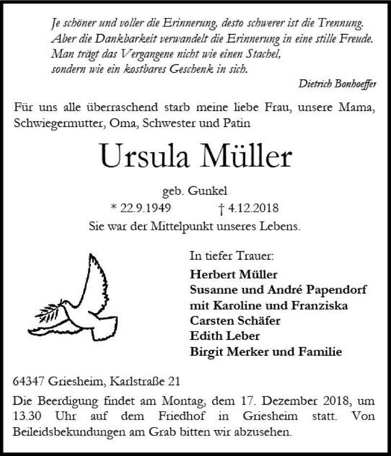  Traueranzeige für Ursula Müller vom 08.12.2018 aus vrm-trauer