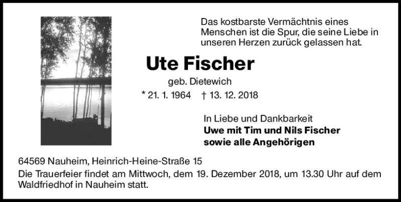  Traueranzeige für Ute Fischer vom 18.12.2018 aus vrm-trauer