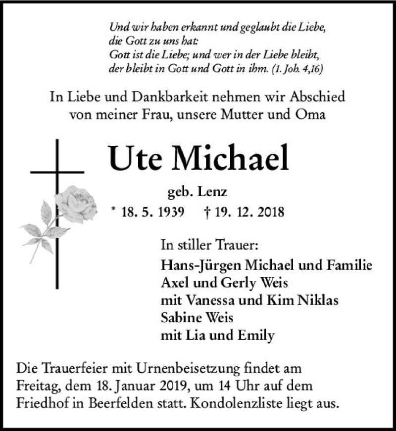  Traueranzeige für Ute Michael vom 29.12.2018 aus vrm-trauer