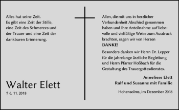 Traueranzeige von Walter Elett von  WNZ - Wetzlarer Neue Zeitung ()