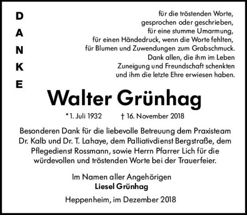  Traueranzeige für Walter Grünhag vom 15.12.2018 aus vrm-trauer