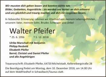 Traueranzeige von Walter Pfeifer von vrm-trauer