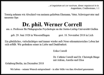 Traueranzeige von Werner Correll von  Gießener Anzeiger