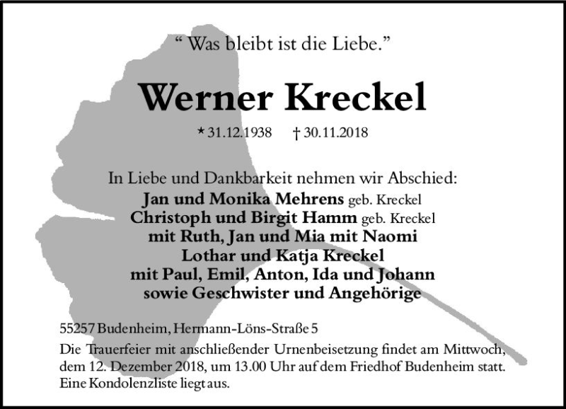  Traueranzeige für Werner Kreckel vom 08.12.2018 aus vrm-trauer