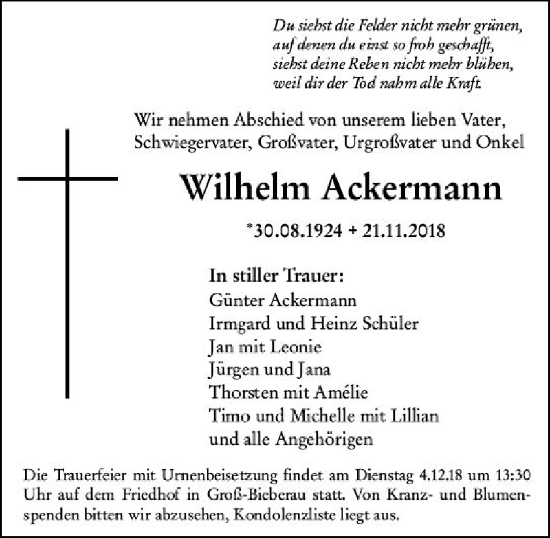  Traueranzeige für Wilhelm Ackermann vom 01.12.2018 aus vrm-trauer