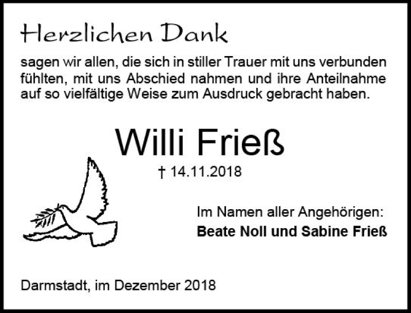  Traueranzeige für Willi Frieß vom 15.12.2018 aus vrm-trauer