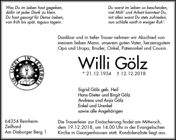 Traueranzeige von Willi Gölz von vrm-trauer