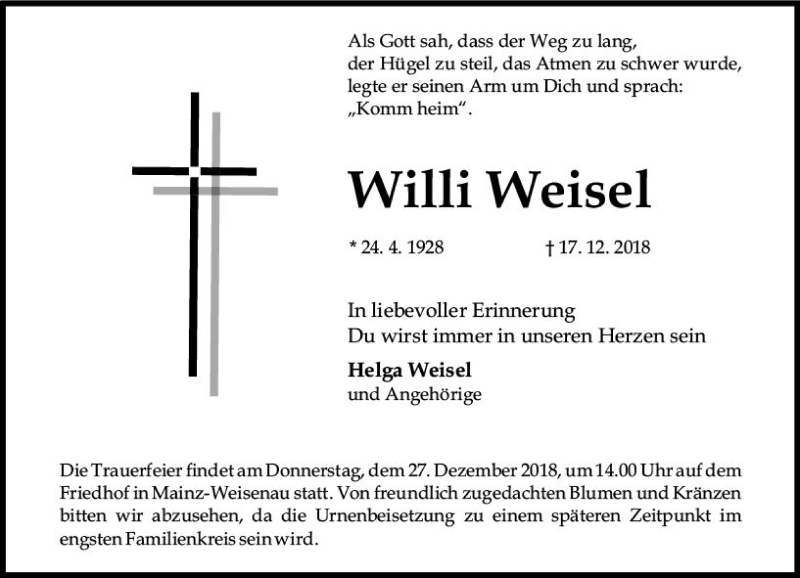  Traueranzeige für Willi Weisel vom 22.12.2018 aus vrm-trauer