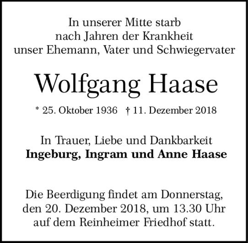  Traueranzeige für Wolfgang Haase vom 15.12.2018 aus vrm-trauer