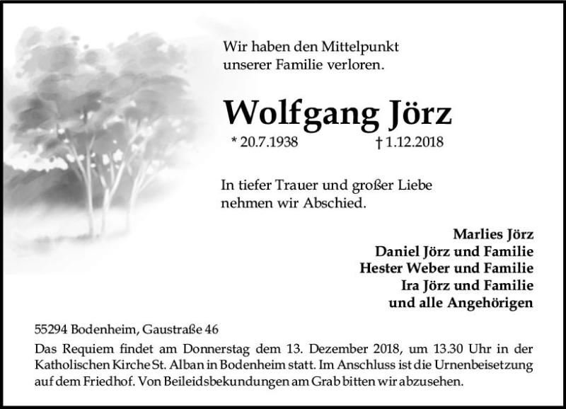  Traueranzeige für Wolfgang Jörz vom 08.12.2018 aus vrm-trauer