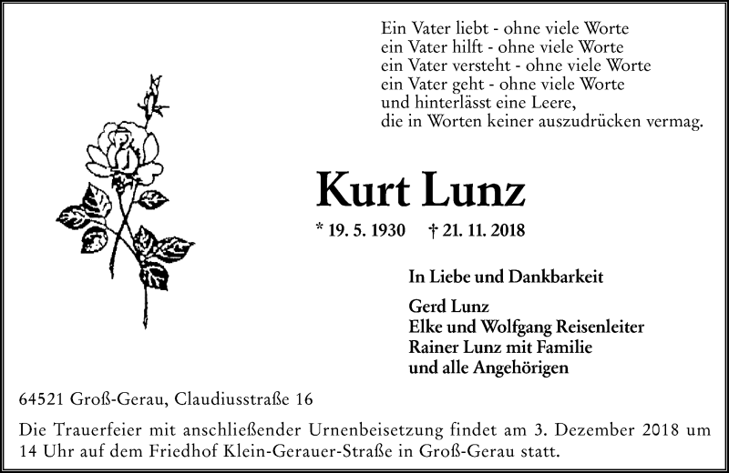  Traueranzeige für Kurt Lunz vom 12.12.2018 aus 